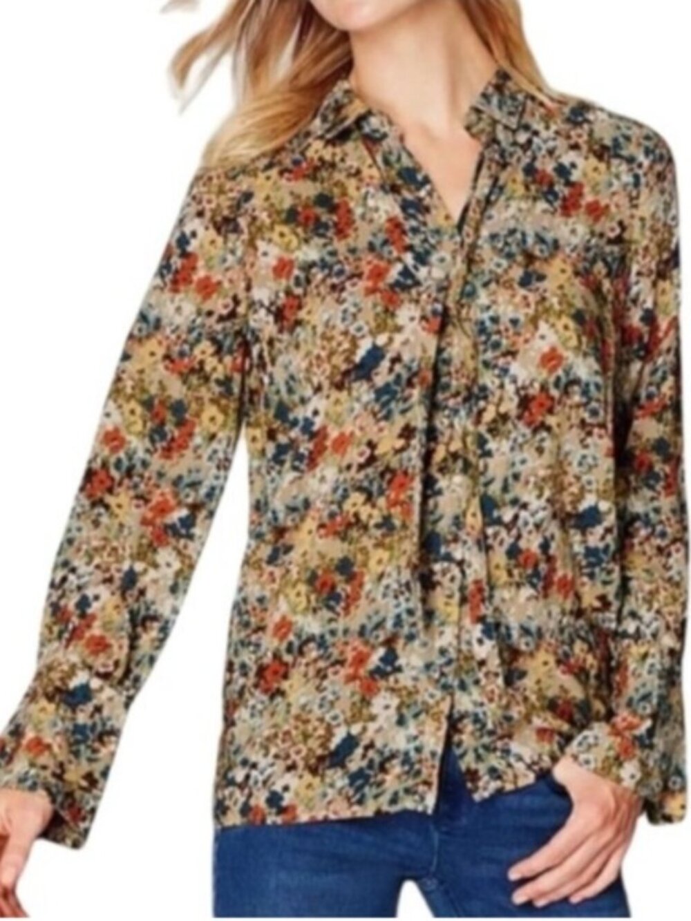 J. Jill Tan Ditsy Floral Bell Sleeve Button Wheat Painterly Tie Neckline Top NEW